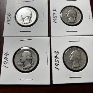 Lot of 4 Washington Silver Quarters 1944, 1936, 1954S, 1953D | 90% Silver